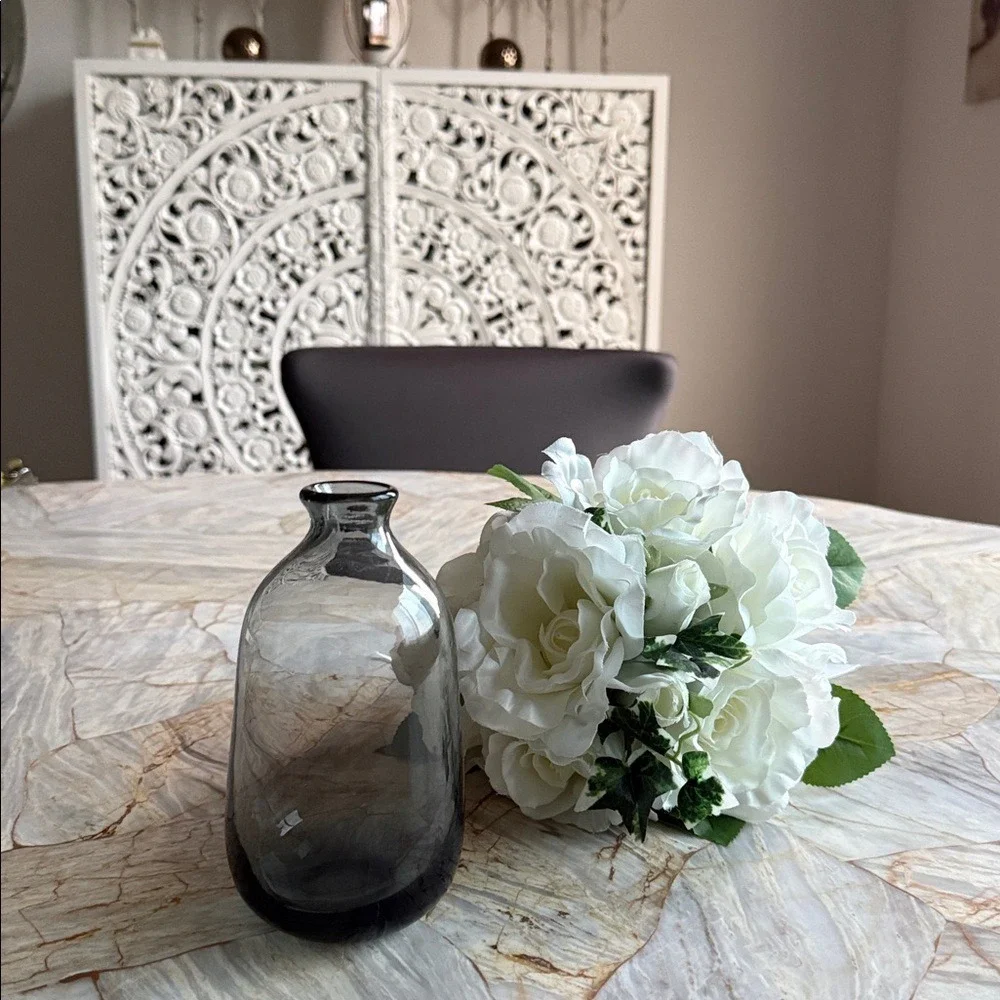 Elegant Gray Glass Flower Or Decor Vase Hand Blown with Smoked Finish